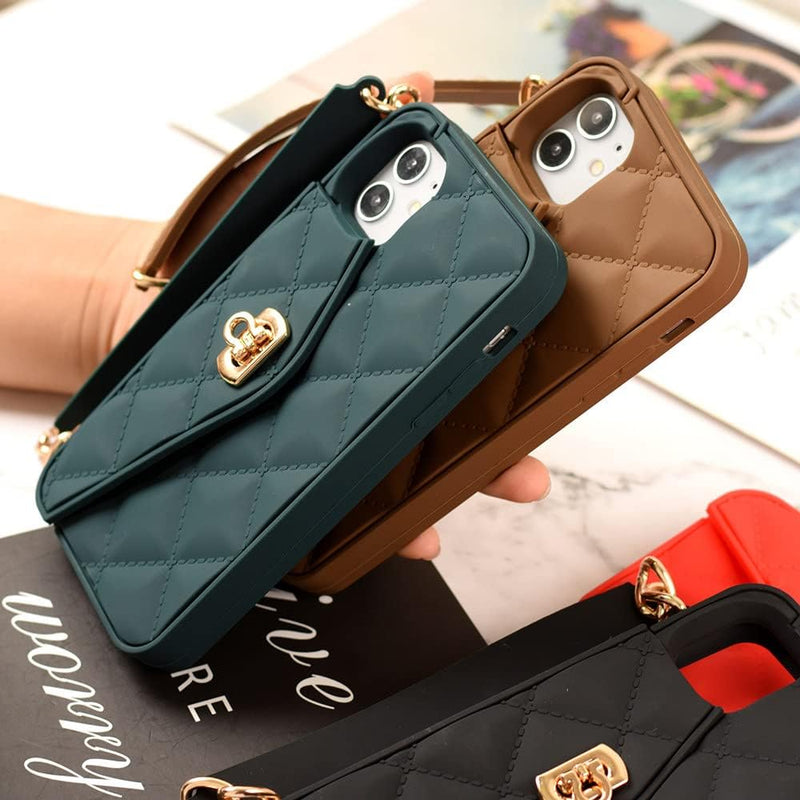 Handbag phone Case with Soft Silicone Chain with Handstrap & Long Pearl Crossbody Chain