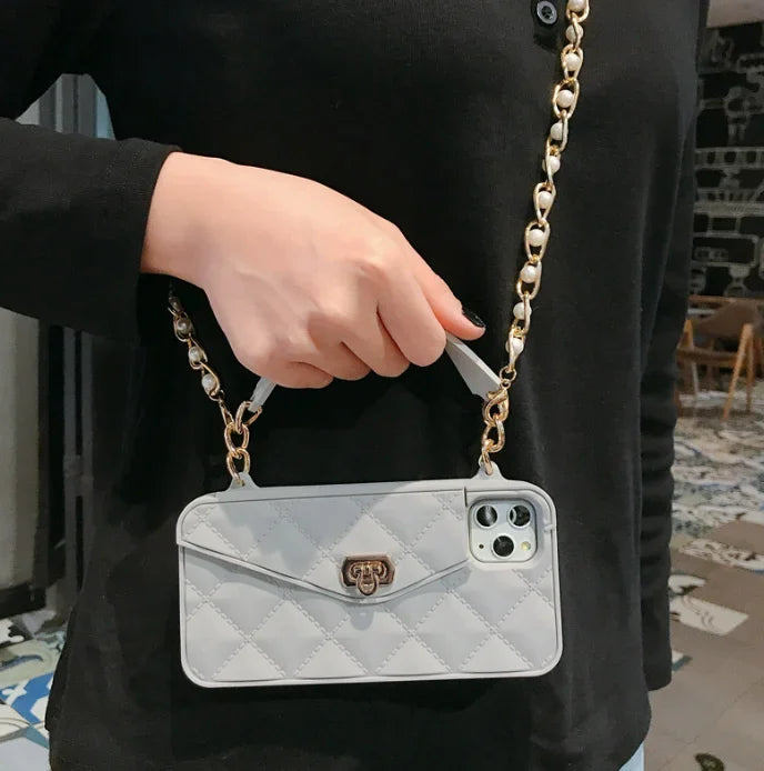 Handbag phone Case with Soft Silicone Chain with Handstrap & Long Pearl Crossbody Chain